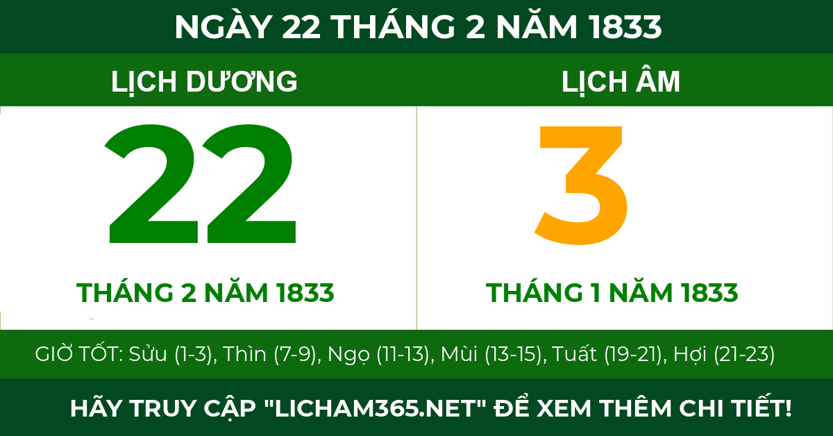 lịch âm ngày 22 tháng 2 năm 1833