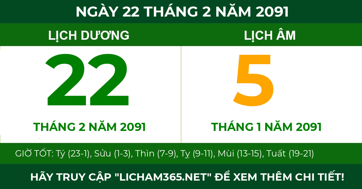 lịch âm ngày 22 tháng 2 năm 2091