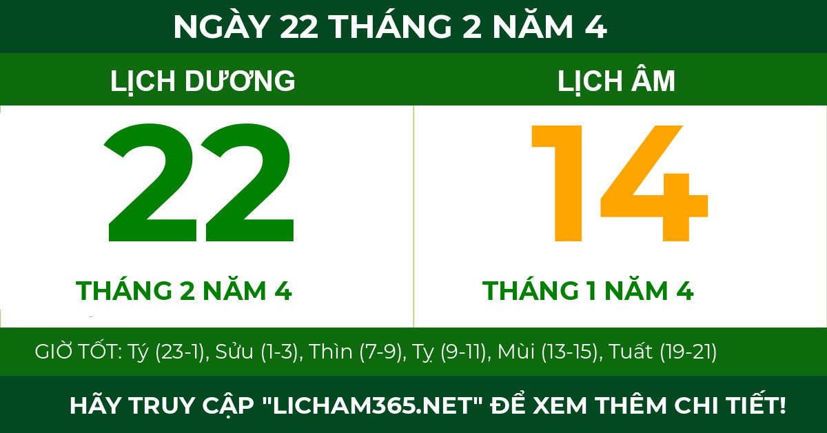 lịch âm ngày 22 tháng 2 năm 4