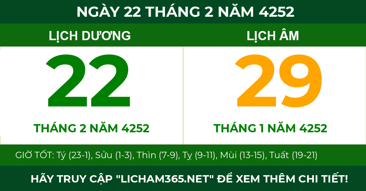 lịch âm ngày 22 tháng 2 năm 4252