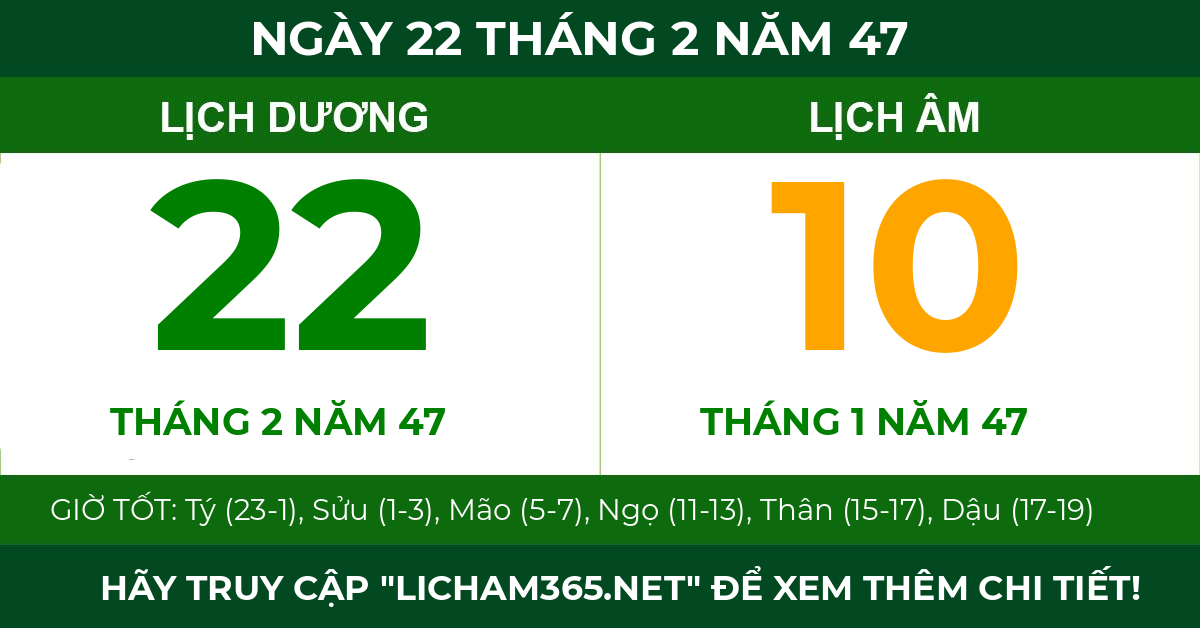lịch âm ngày 22 tháng 2 năm 47