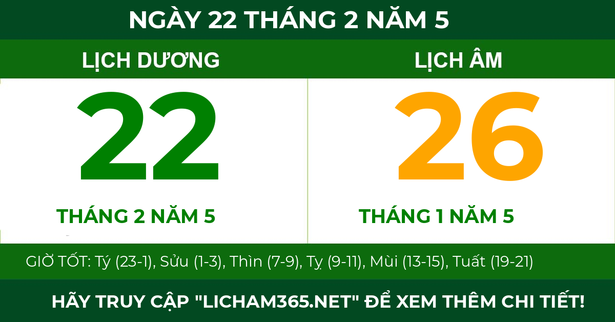 lịch âm ngày 22 tháng 2 năm 5