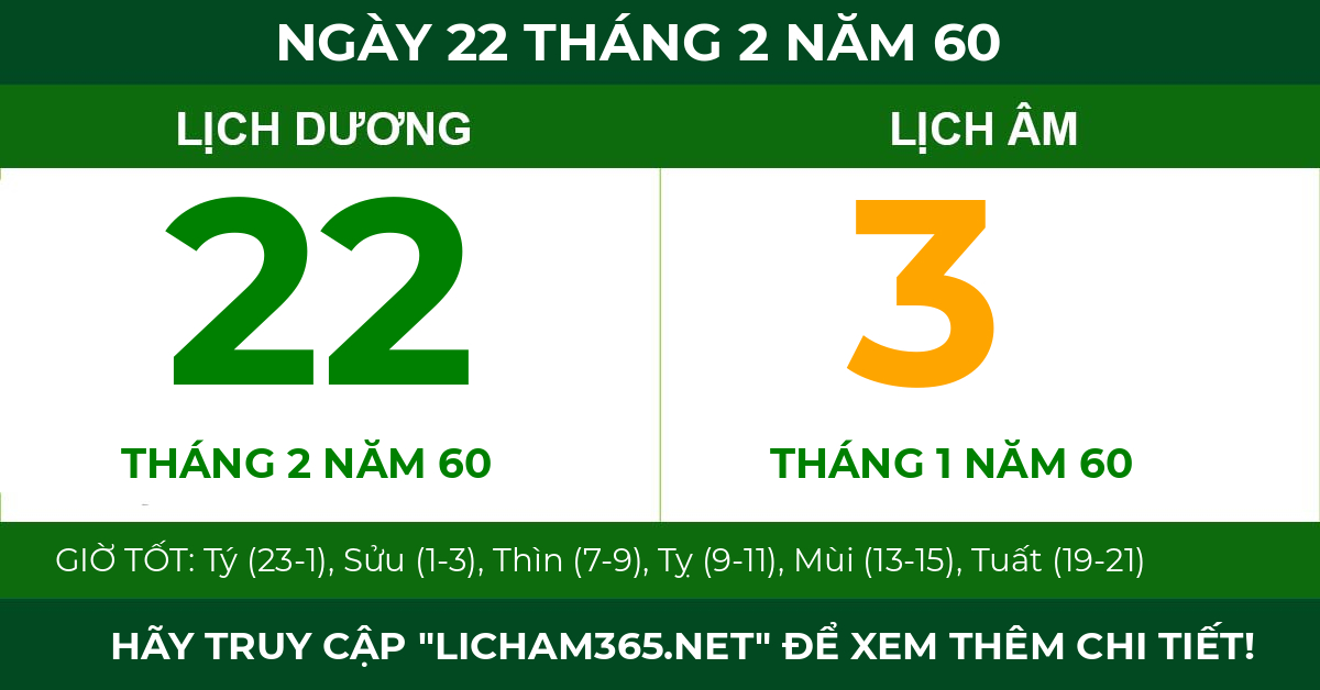 lịch âm ngày 22 tháng 2 năm 60