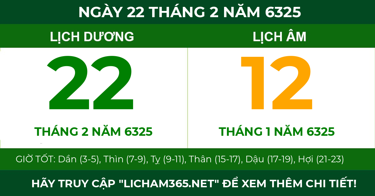 lịch âm ngày 22 tháng 2 năm 6325