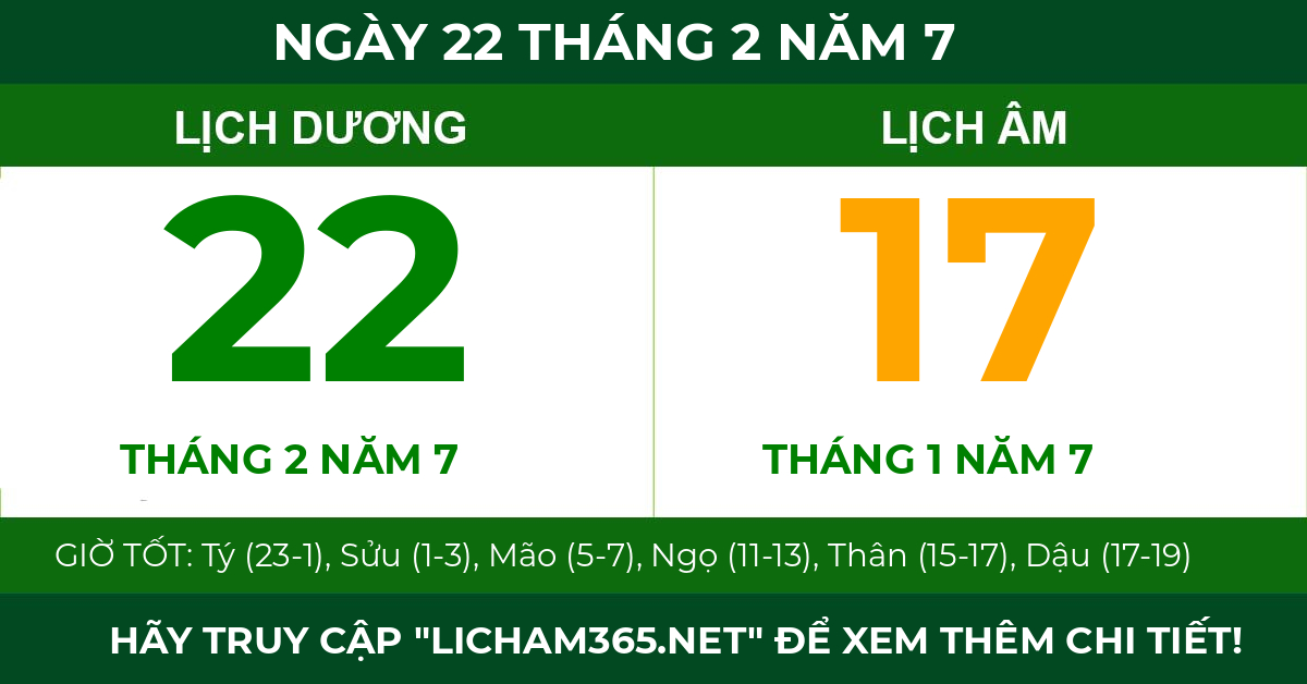 lịch âm ngày 22 tháng 2 năm 7