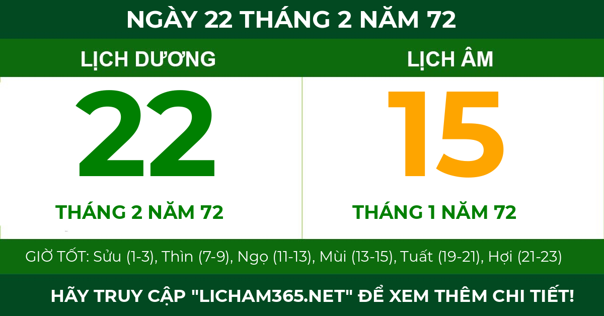 lịch âm ngày 22 tháng 2 năm 72