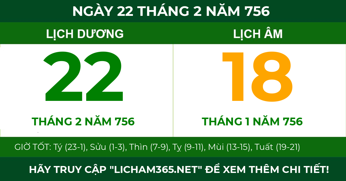 lịch âm ngày 22 tháng 2 năm 756