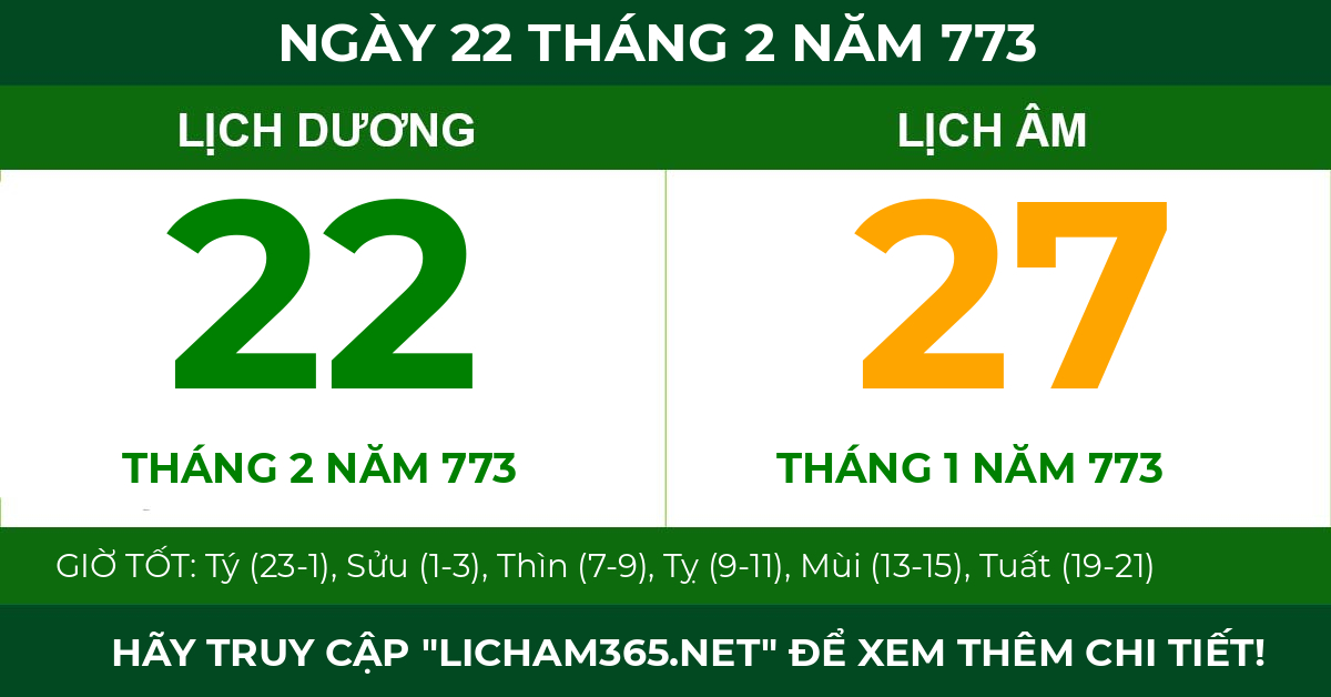lịch âm ngày 22 tháng 2 năm 773