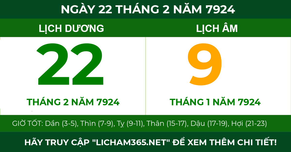 lịch âm ngày 22 tháng 2 năm 7924