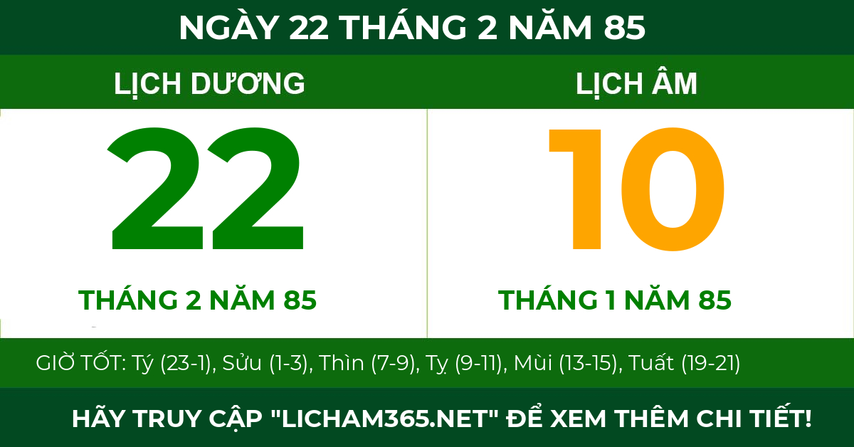 lịch âm ngày 22 tháng 2 năm 85