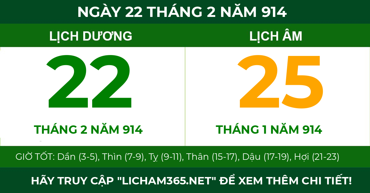 lịch âm ngày 22 tháng 2 năm 914