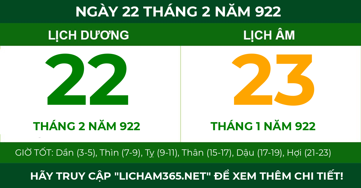 lịch âm ngày 22 tháng 2 năm 922
