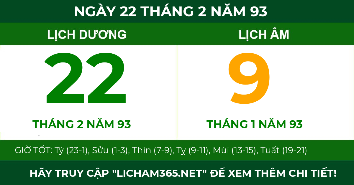 lịch âm ngày 22 tháng 2 năm 93