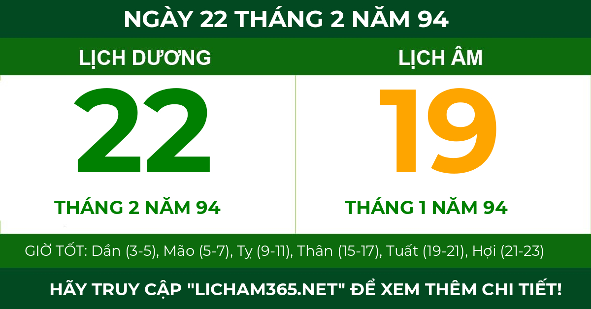lịch âm ngày 22 tháng 2 năm 94