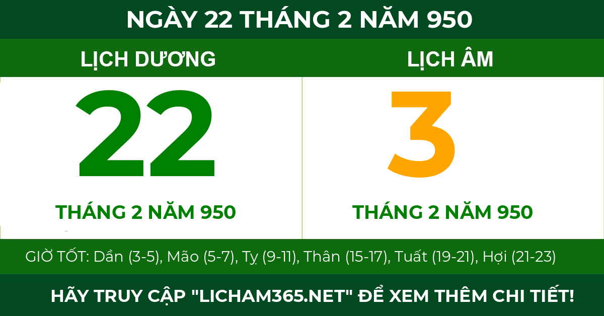 lịch âm ngày 22 tháng 2 năm 950