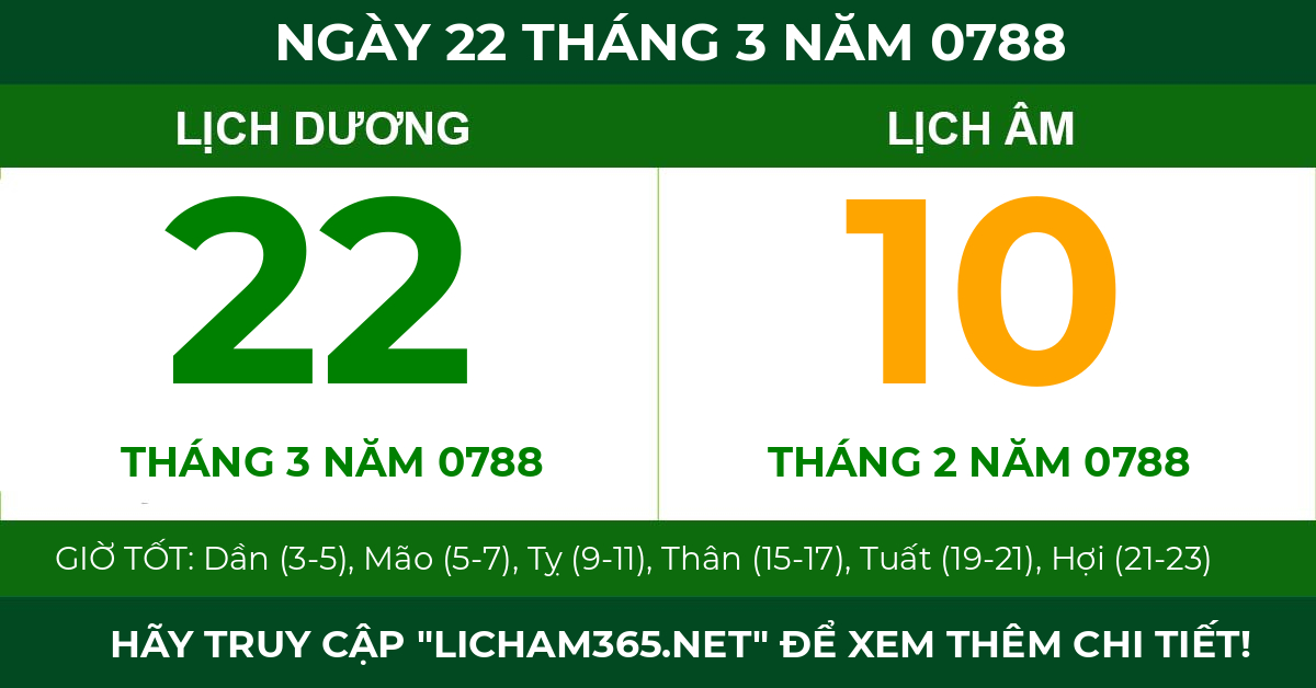 lịch âm ngày 22 tháng 3 năm 0788