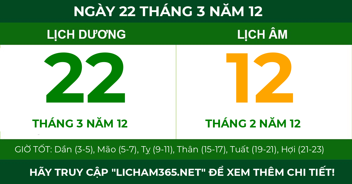 lịch âm ngày 22 tháng 3 năm 12