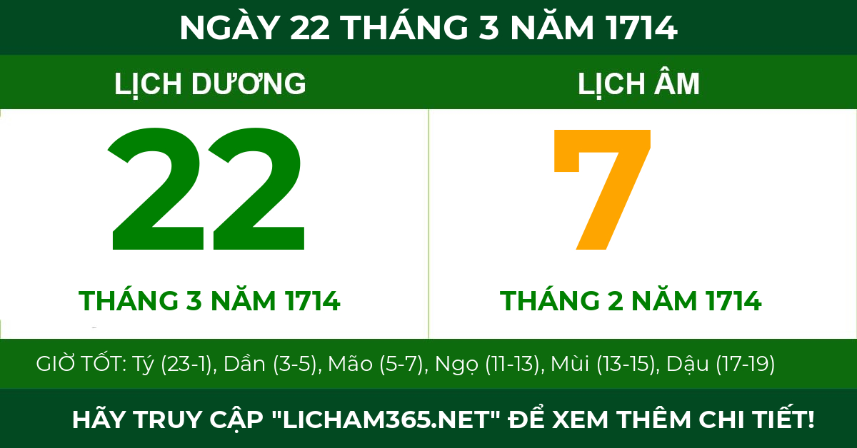 lịch âm ngày 22 tháng 3 năm 1714