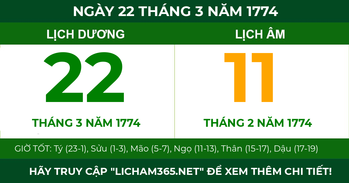 lịch âm ngày 22 tháng 3 năm 1774