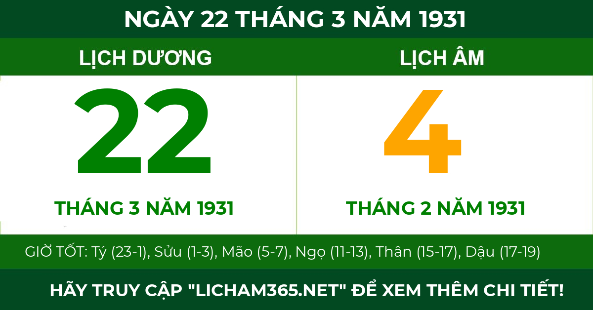 lịch âm ngày 22 tháng 3 năm 1931