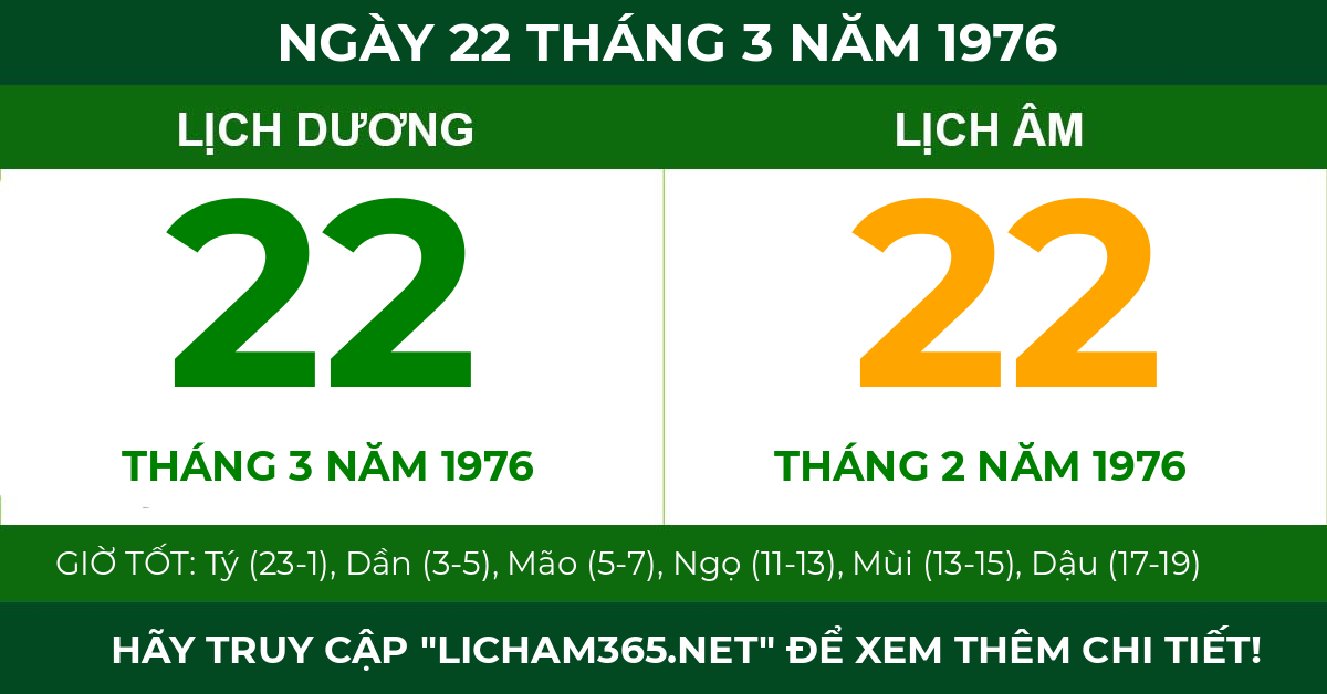 lịch âm ngày 22 tháng 3 năm 1976