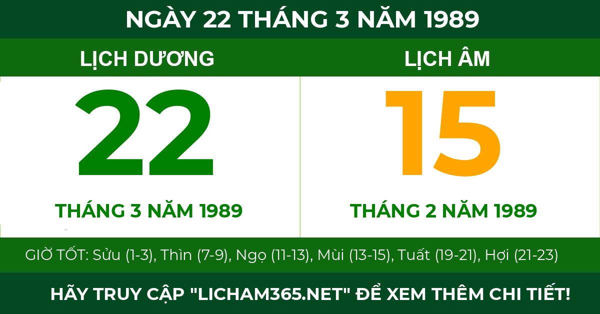 lịch âm ngày 22 tháng 3 năm 1989