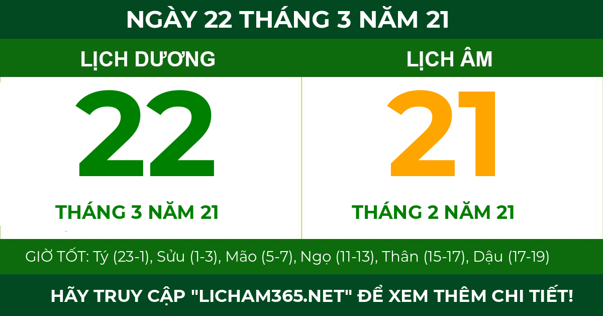 lịch âm ngày 22 tháng 3 năm 21