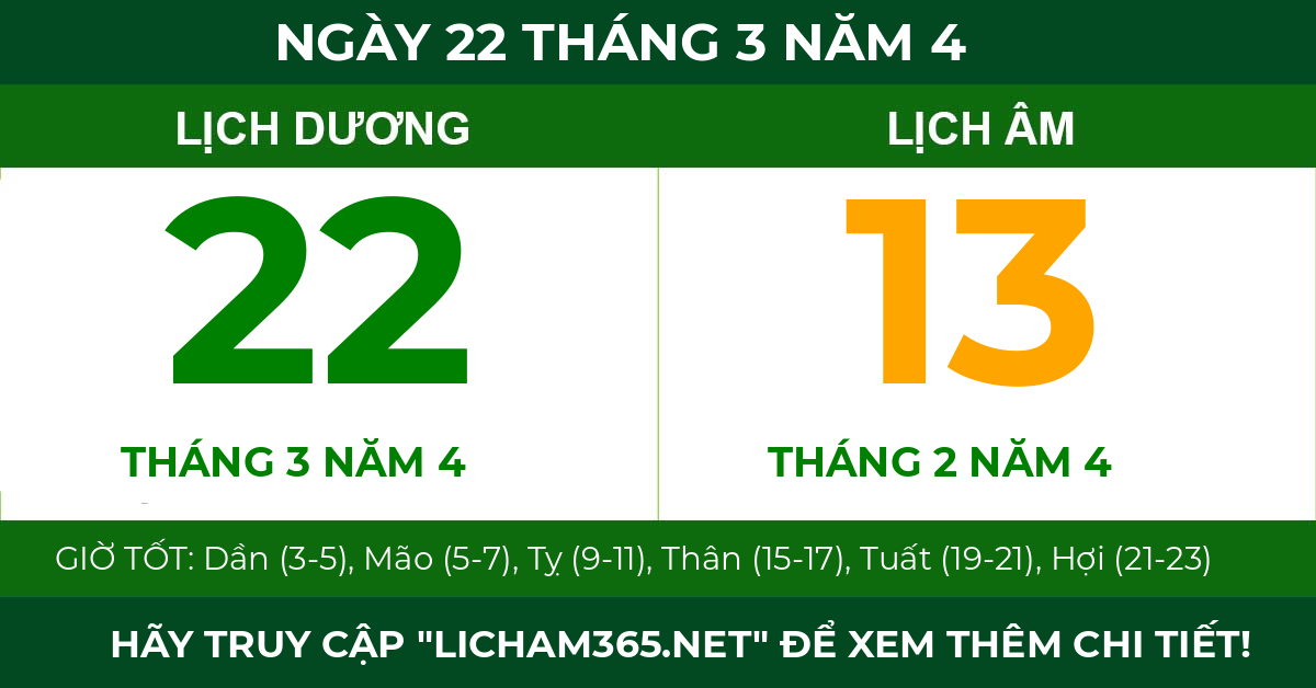 lịch âm ngày 22 tháng 3 năm 4