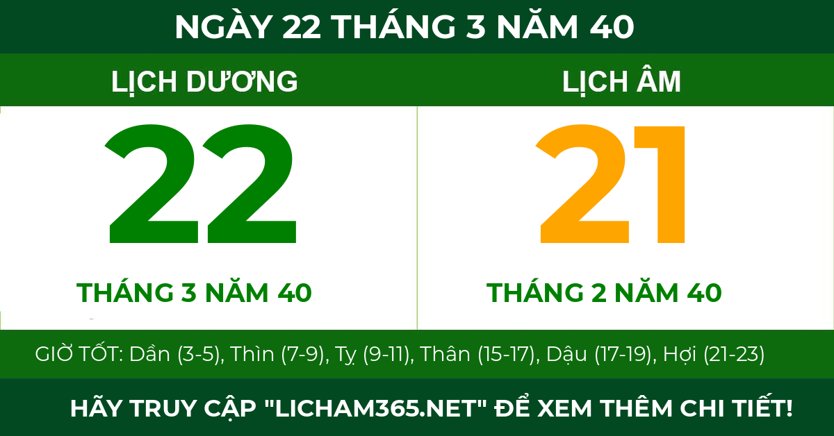 lịch âm ngày 22 tháng 3 năm 40