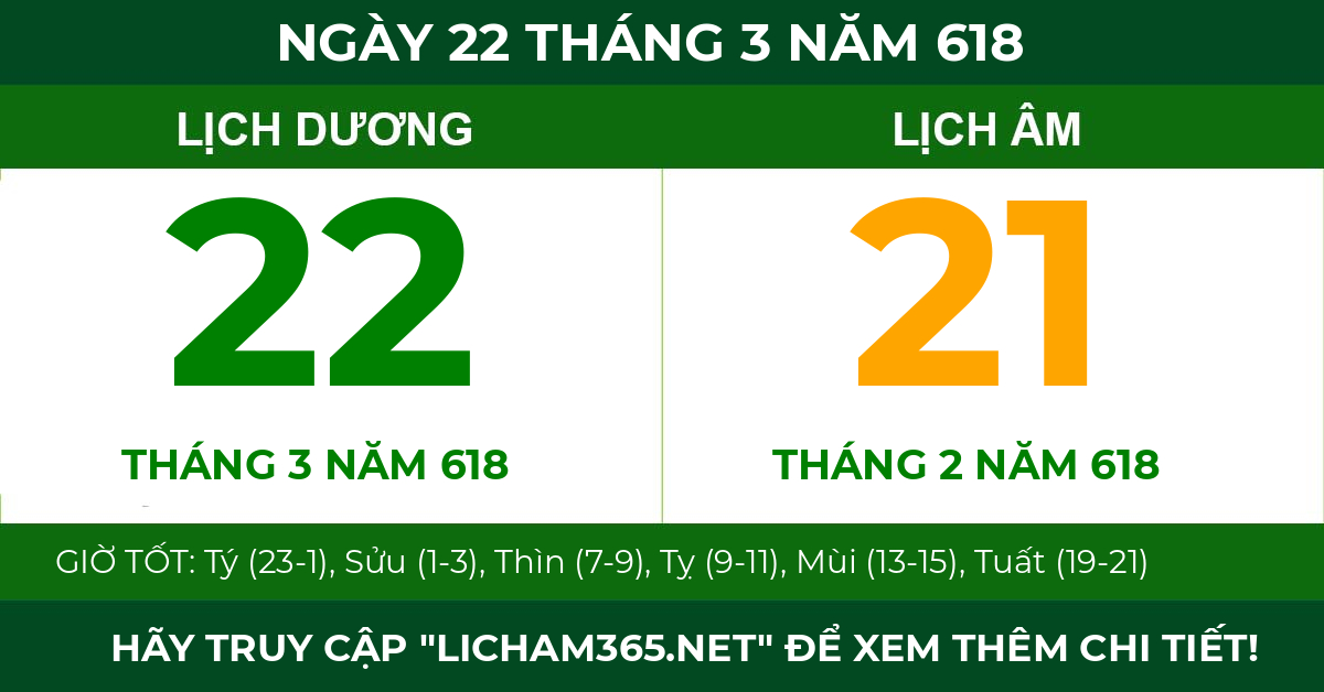 lịch âm ngày 22 tháng 3 năm 618