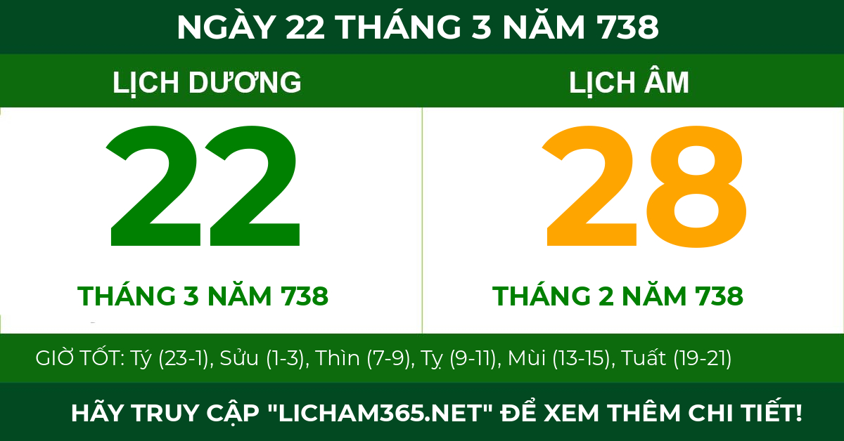 lịch âm ngày 22 tháng 3 năm 738