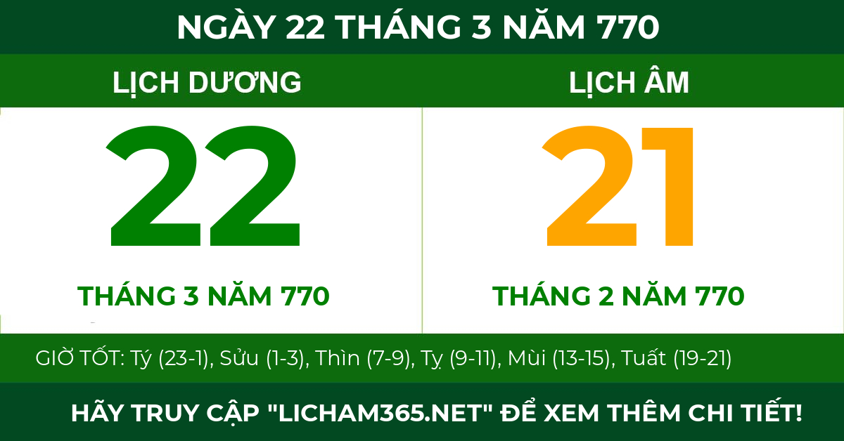 lịch âm ngày 22 tháng 3 năm 770