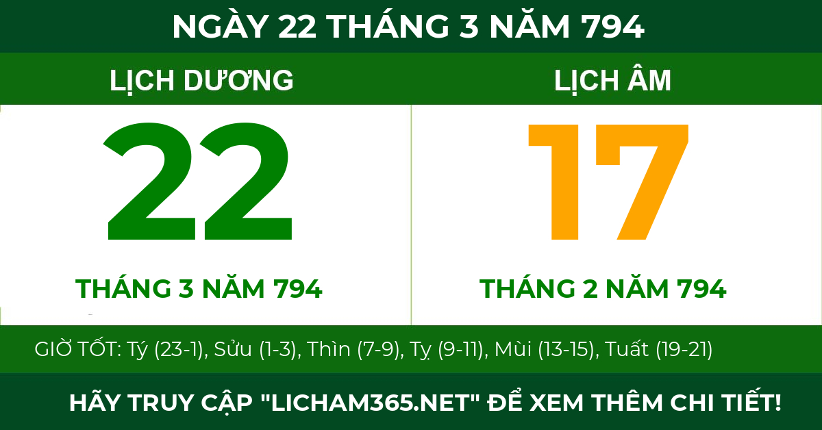 lịch âm ngày 22 tháng 3 năm 794