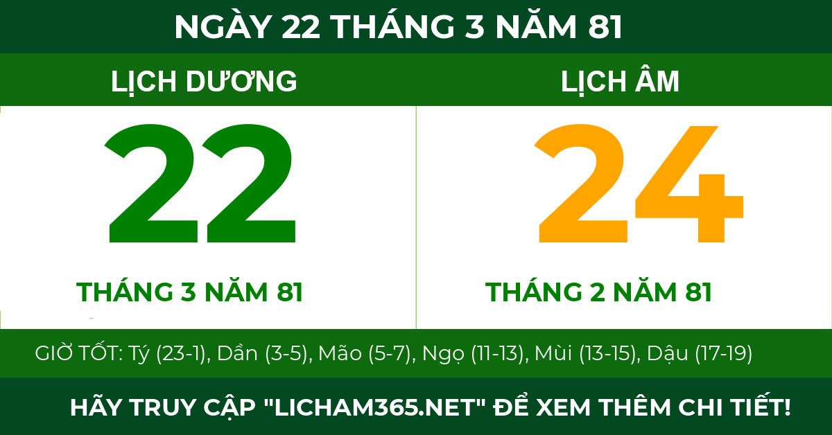lịch âm ngày 22 tháng 3 năm 81