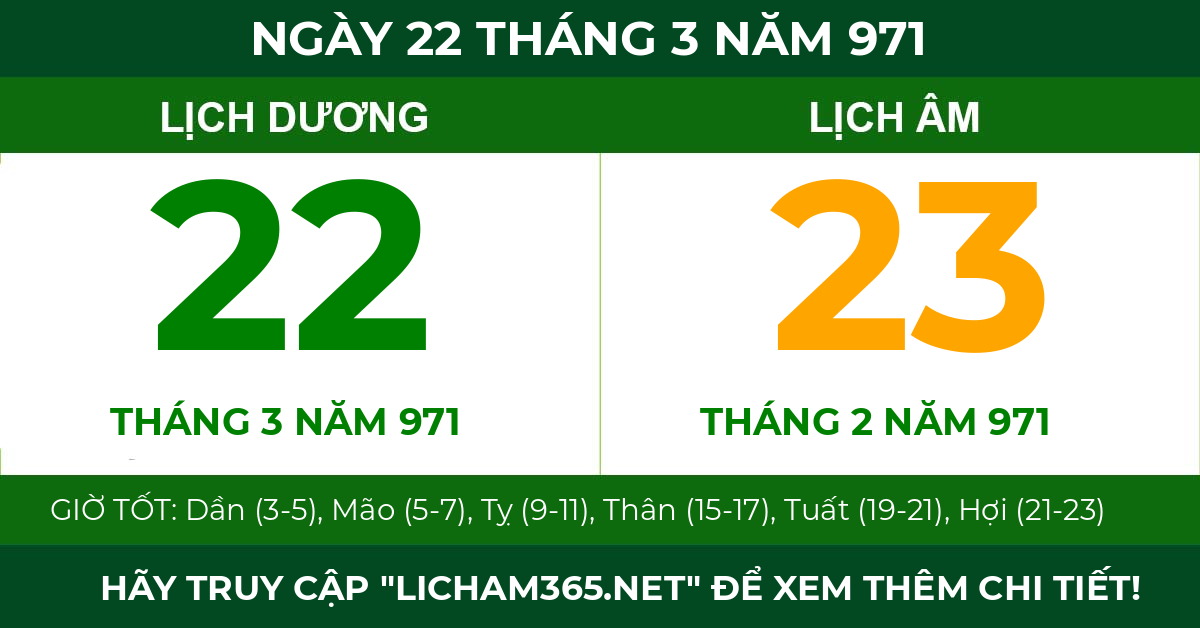 lịch âm ngày 22 tháng 3 năm 971