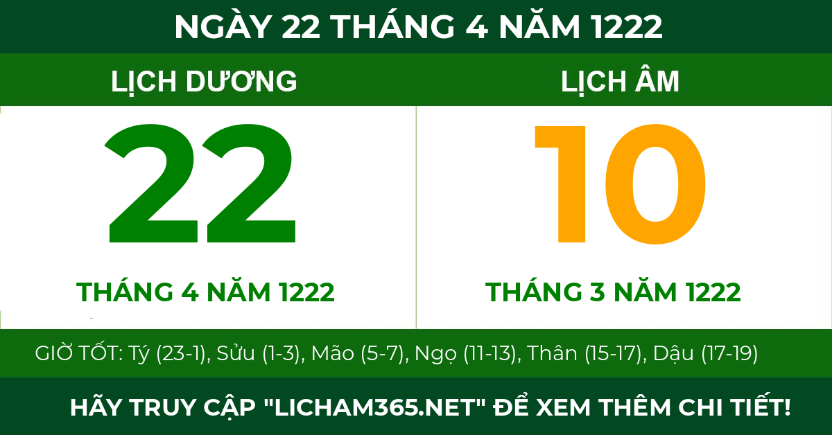 lịch âm ngày 22 tháng 4 năm 1222