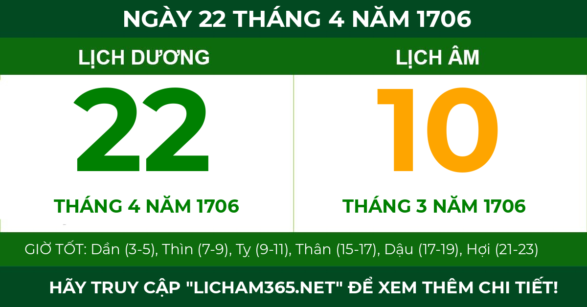 lịch âm ngày 22 tháng 4 năm 1706