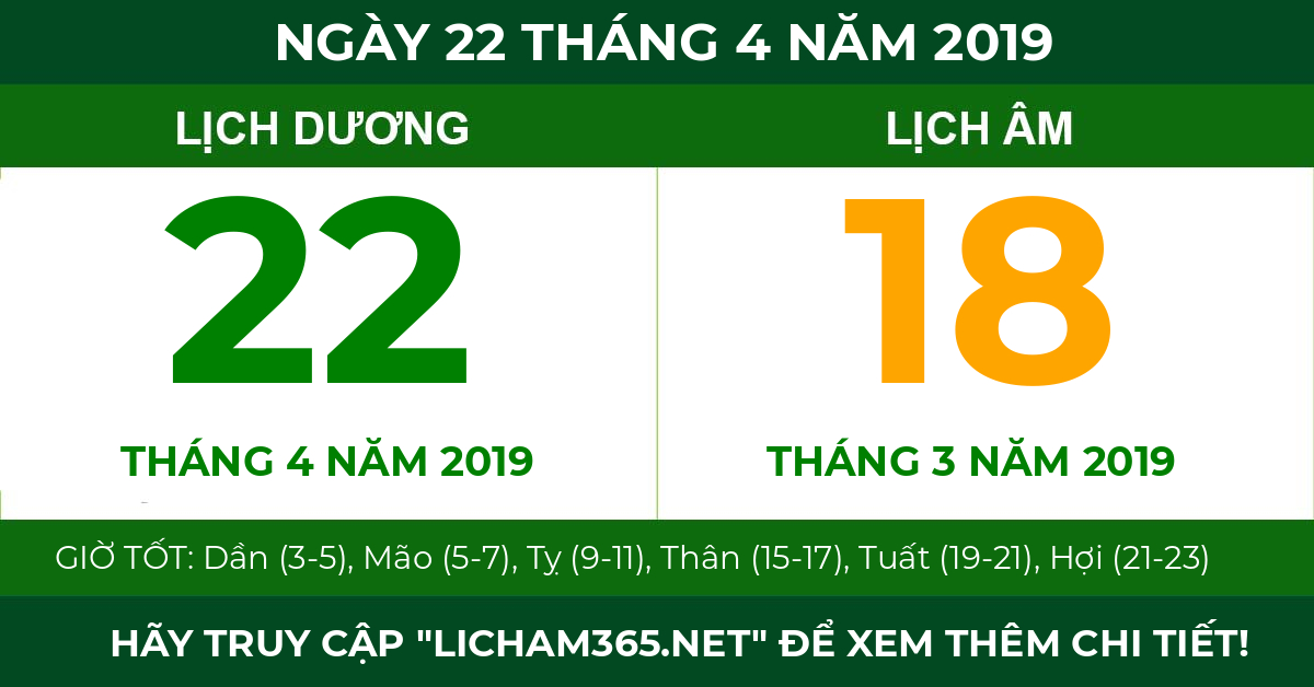 lịch âm ngày 22 tháng 4 năm 2019