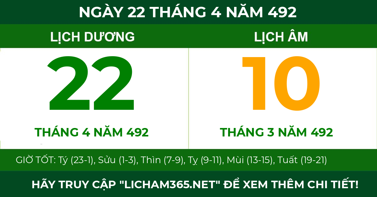 lịch âm ngày 22 tháng 4 năm 492