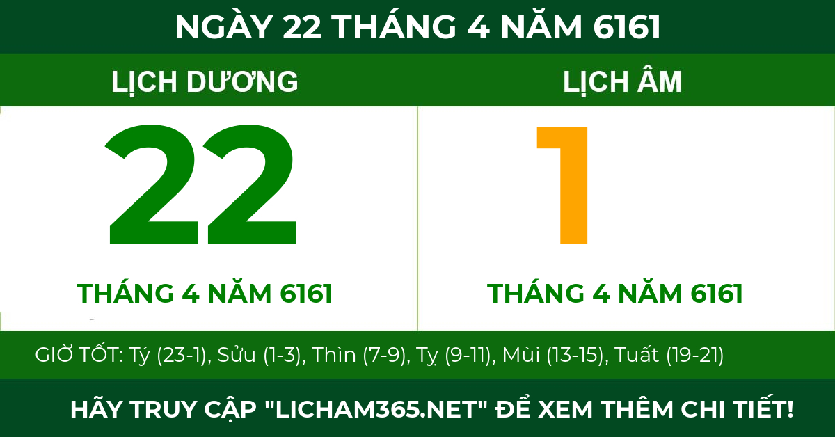 lịch âm ngày 22 tháng 4 năm 6161