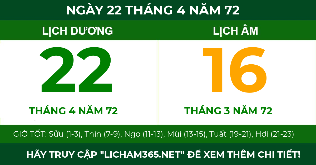 lịch âm ngày 22 tháng 4 năm 72