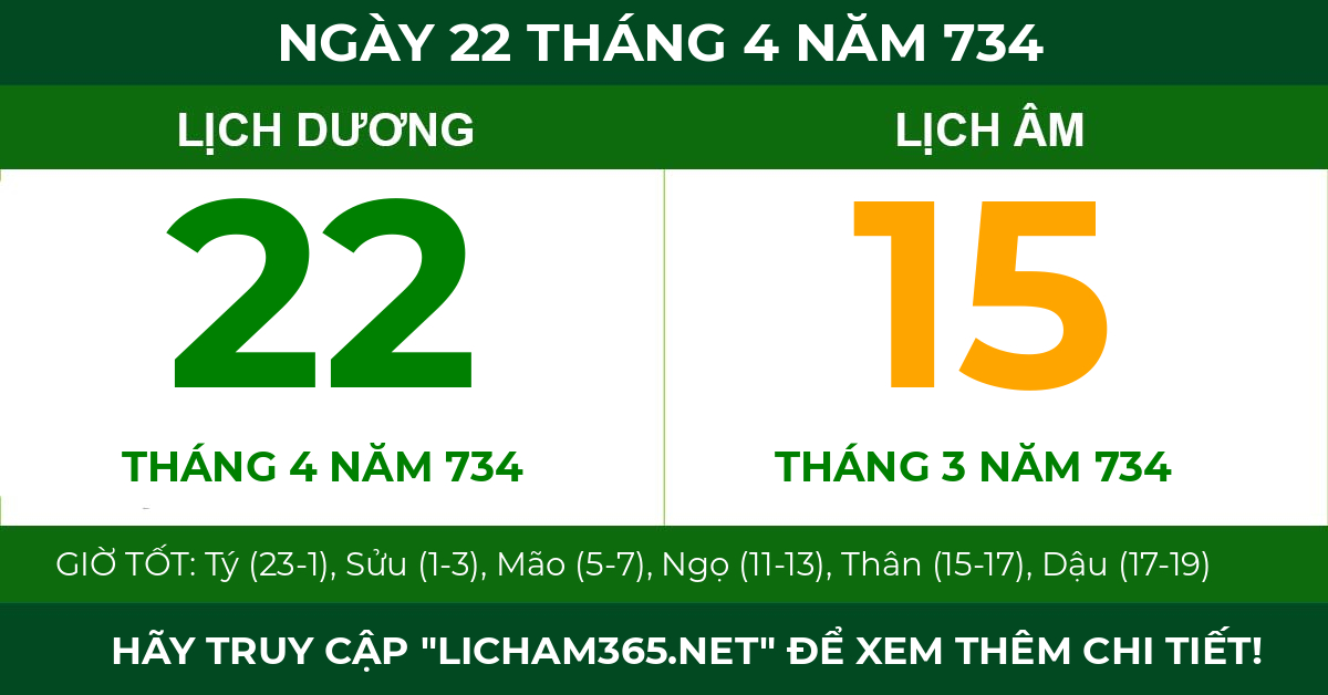 lịch âm ngày 22 tháng 4 năm 734