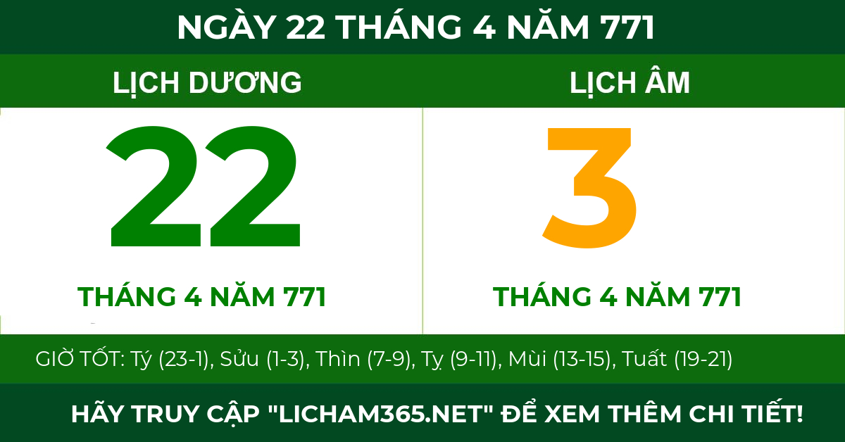 lịch âm ngày 22 tháng 4 năm 771