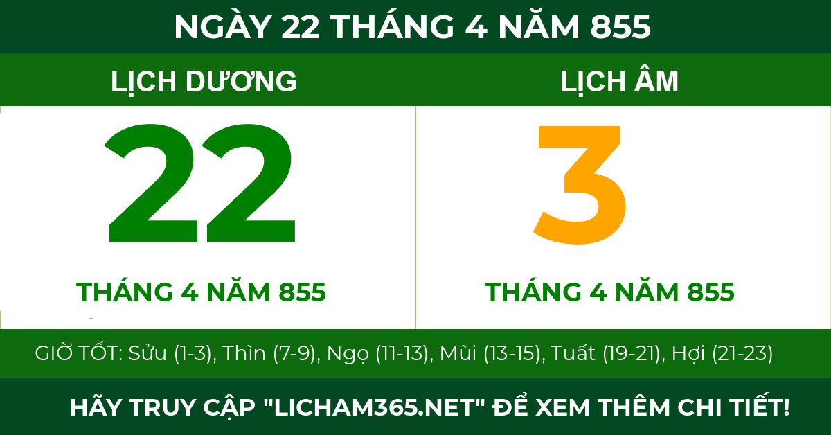 lịch âm ngày 22 tháng 4 năm 855