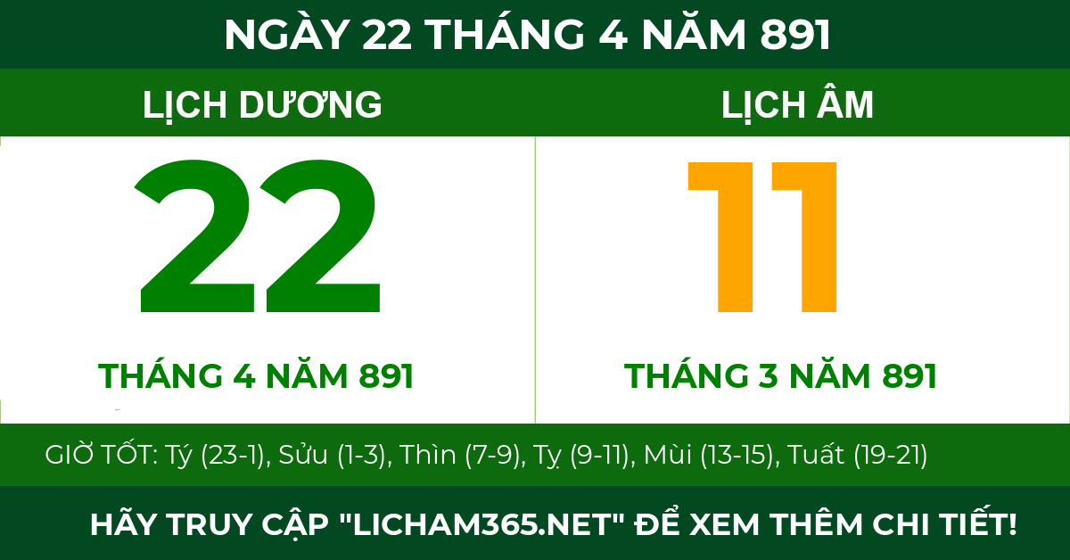 lịch âm ngày 22 tháng 4 năm 891