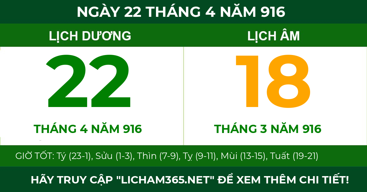 lịch âm ngày 22 tháng 4 năm 916