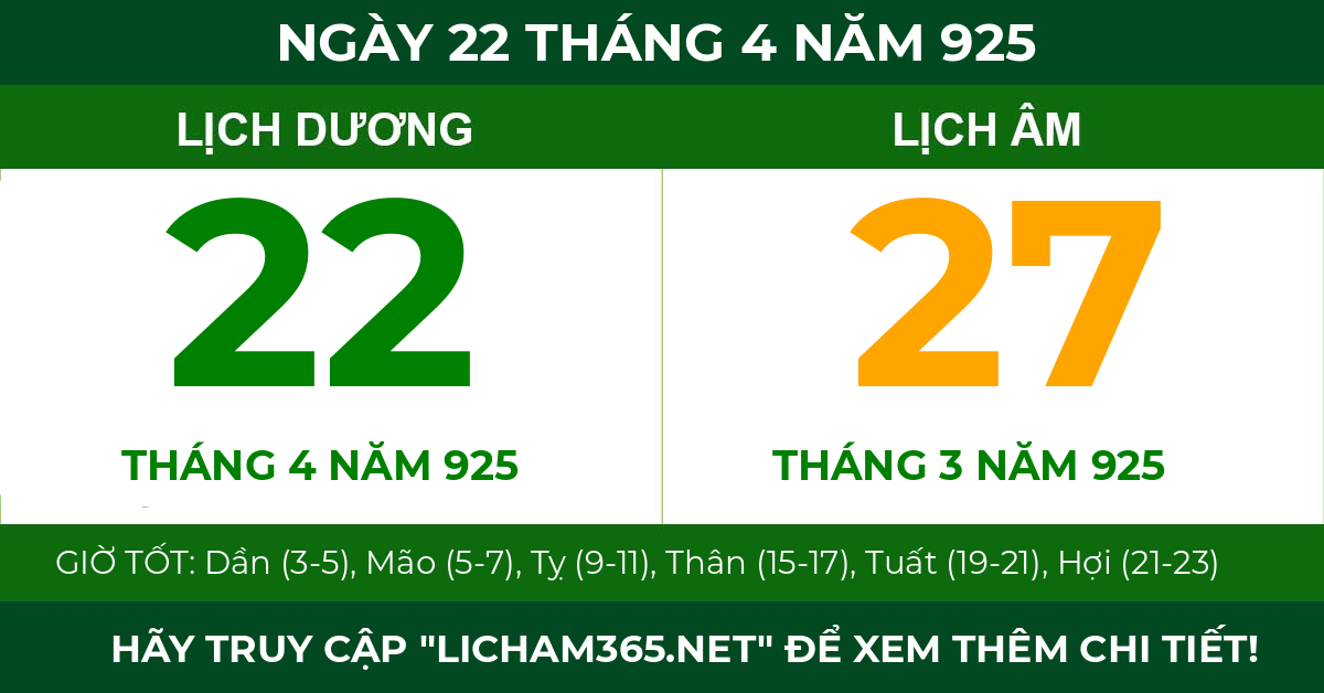 lịch âm ngày 22 tháng 4 năm 925