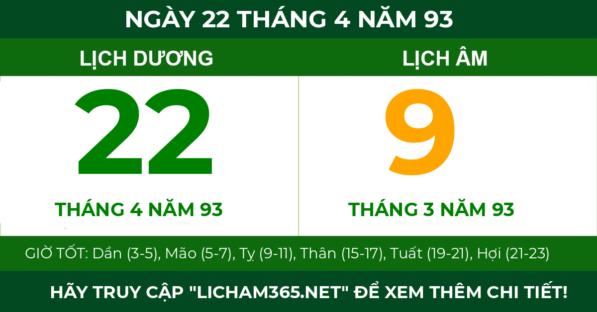 lịch âm ngày 22 tháng 4 năm 93