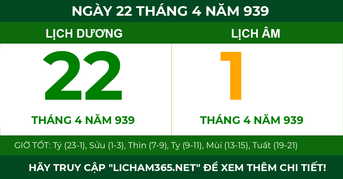 lịch âm ngày 22 tháng 4 năm 939