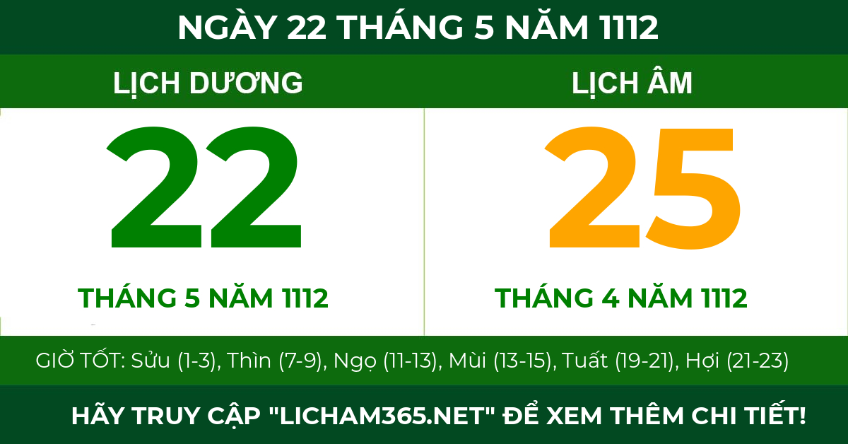 lịch âm ngày 22 tháng 5 năm 1112